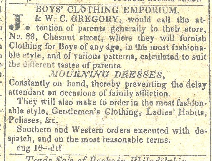 BB J+WC Gregory, boys clothing+mourning dress 83 Chs os 1827 NATIONAL GAZETTE AND LITERARY REGISTER 16 Aug 1827 - Copy