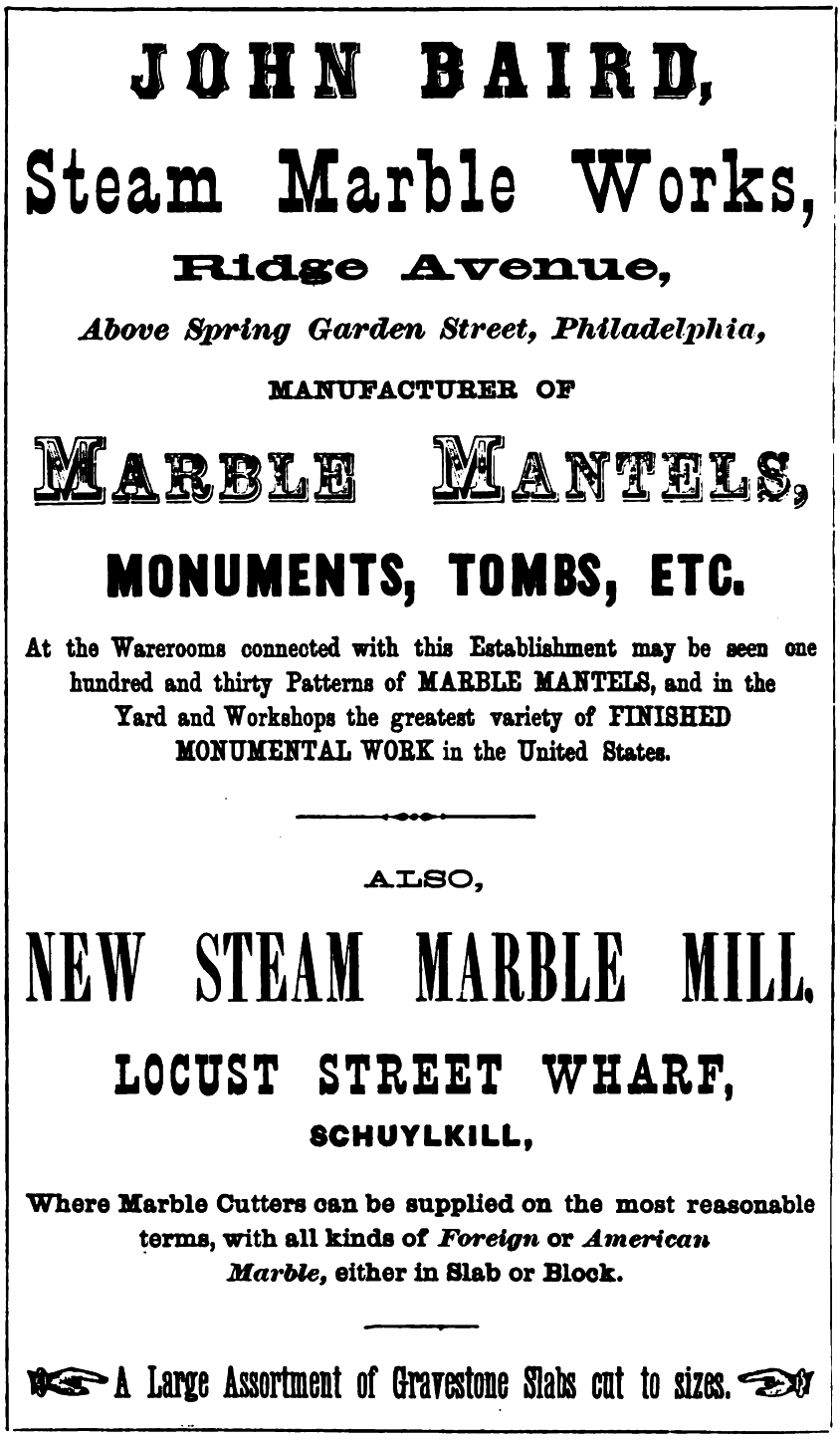 Jhn Baird, steam marble works Rg+SG ab Freedley 1867 430