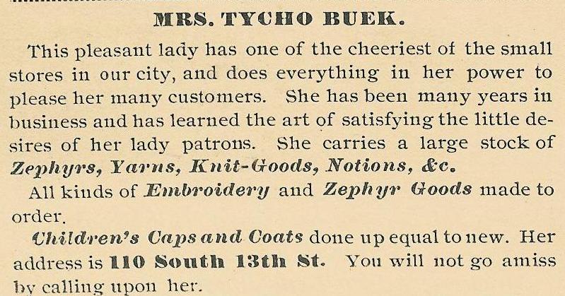 Mrs Tycho Buek, notions yarn zephyrs 110 13s 1888 Leisure H 39