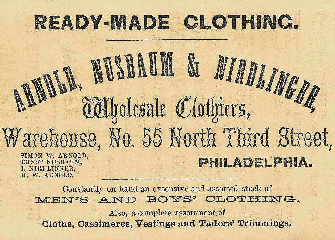 Arnold, Nusbaum+Nirdlinger USE ,clothiers,55 3n COWELL BUS DIR 1860 TROUSERS, p51