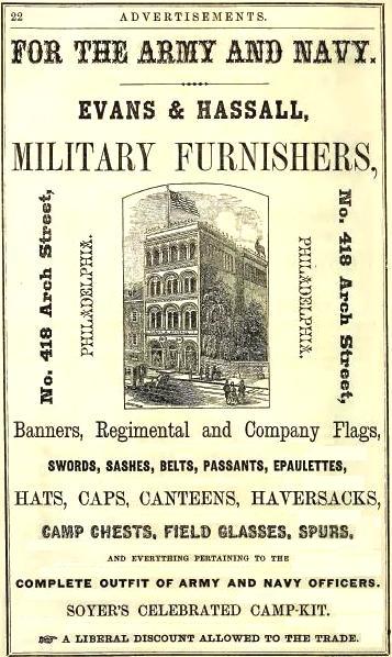 Evans+Hassal,military furnishers,418 Arch FLAGS,McElroys 1864 p22 front