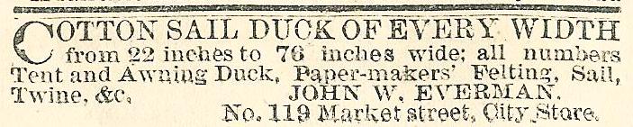 Jhn W Everman cutton sail duck etc DIFF ADDRESS 119 Mkt HAVERSACKS TENTS Eve Bull 12 Feb 77