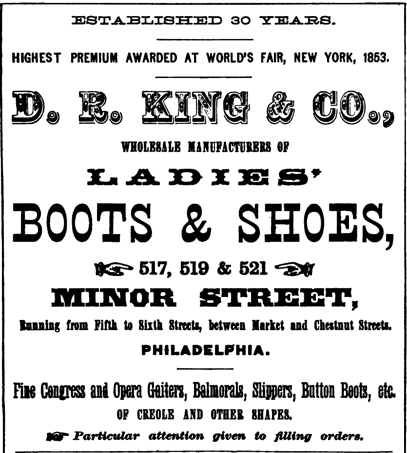 OOO King DR King+Co, ladies boots+shoes SHOES 517 21 Minor Freedley 1867 179