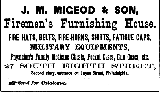 Migeod JM Migeod+Son, firemens+military furnishings 27 8s 2nd fl Freedley 1867 532