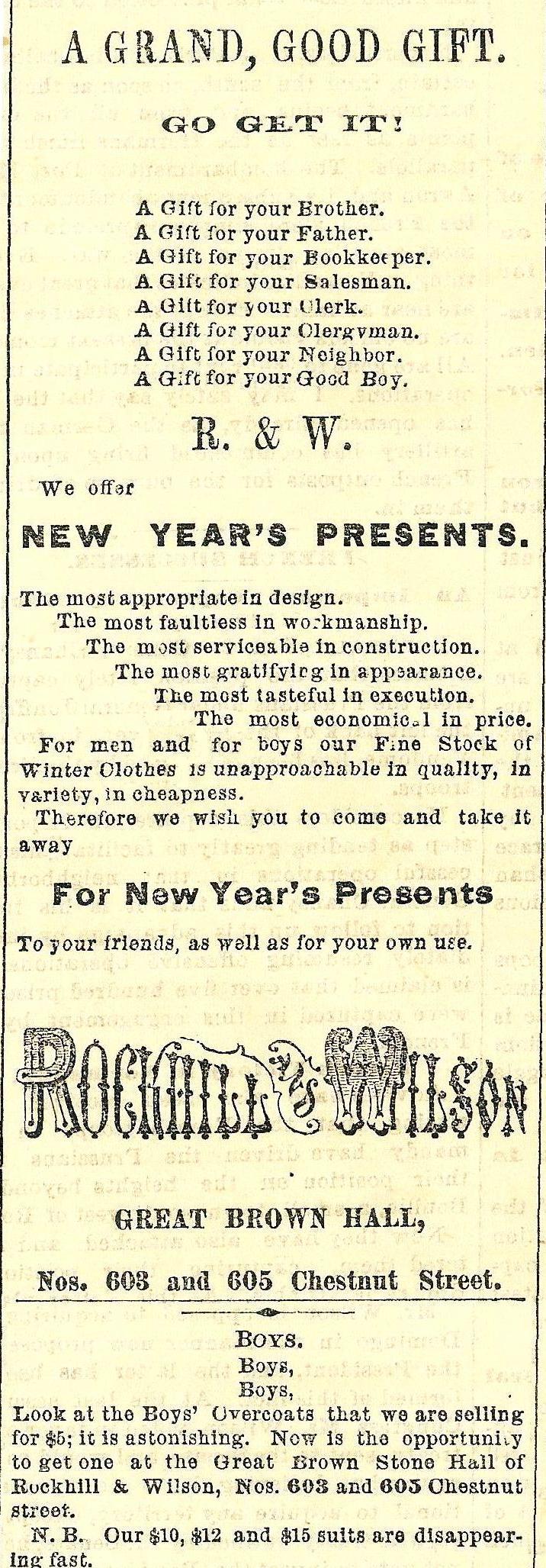 Rockhill+Wilson, boys overcoats 603 05 Chs MORNING POST 3 Jan 1871