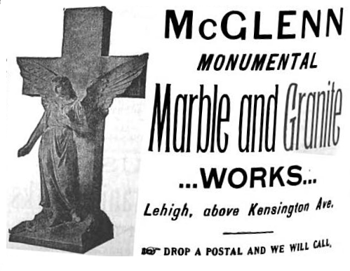 advertisement, Philadelphia, McGlenn, funeral monuments, marble, granite, Kensington, 1900