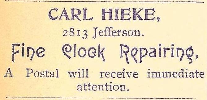 advertisement, clock repair, Philadelphia, Carl Hieke, 2813 Jefferson, postal, 1903