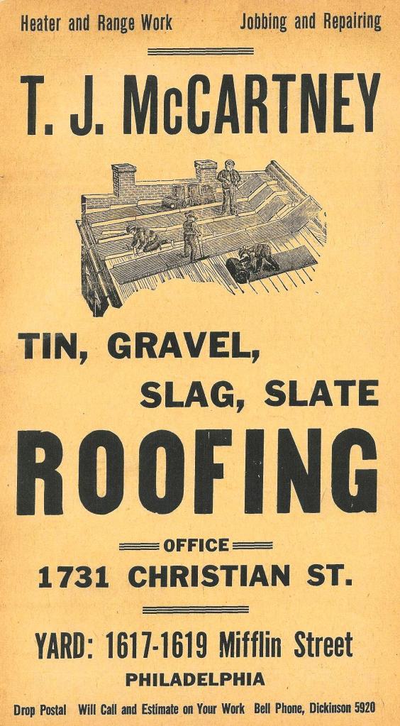 advertisement, Philadelphia, 1917, T. J. McCartney, roofing, tin, gravel slag, slate, phone, postal