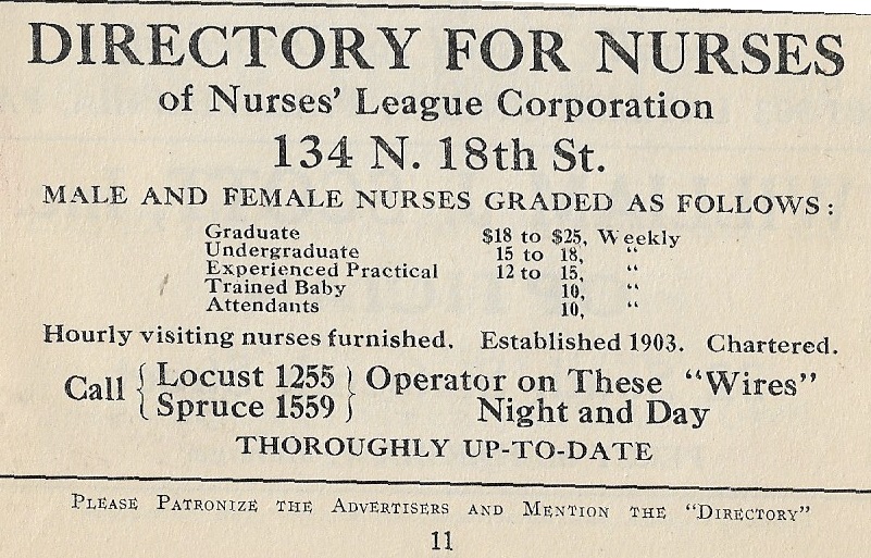 advertisement, Edward Trust's Professional Directory, Philadelphia, nurse directory, Nurses' League Corporation, 134 N. 18th, grades and rates, operators night and day, phones
