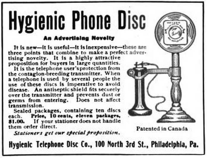 advertisement, Philadelphia, Hygienic Phone Disc Co., 100 N. 3rd, 1906, advertising novelty, telephone, antiseptic shield,