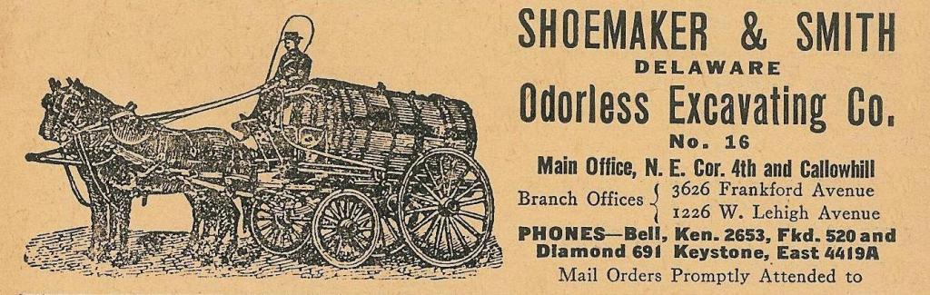 advertisement, Philadelphia, Shoemaker & Smith, Delaware Odorless Excavating Co., Callowhill and N. 4th NE, 3626 Frankford, 1226 W. Lehigh, 1917, Bell and Keystone phones, mail orders