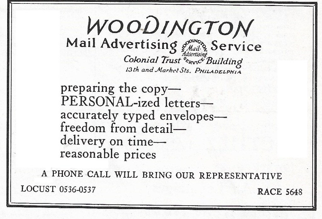 advertisement, Philadelphia, Woodington Mail Advertising Service, Colonial Trust Building, Market and 13th, personalized letters and envelopes, delivery, 1926, telephones