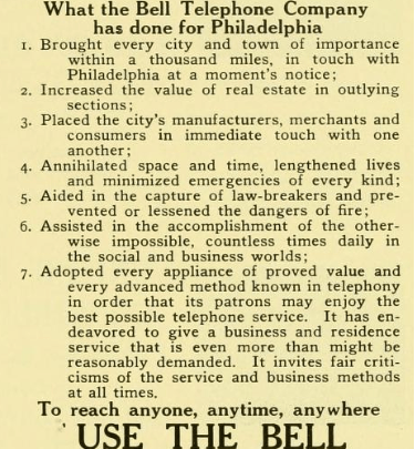 detail of advertisement, Philadelphia, Bell Telephone, 1908, "What the Bell Telephone Company has done for Philadelphia," "USE THE BELL"