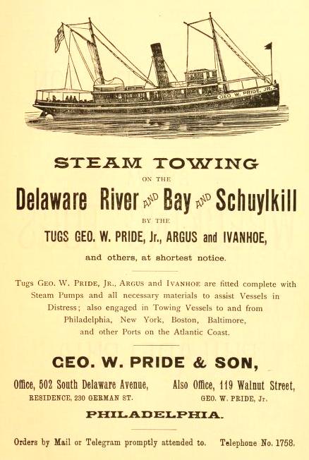 Advertisement, Geo. W. Pride & Son, steam towing, Philadelphia, telegram, telephone